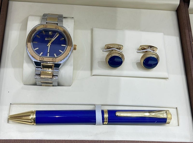 A gift set for men consisting of a wristwatch, a pair of cufflinks, and a ballpoint pen.